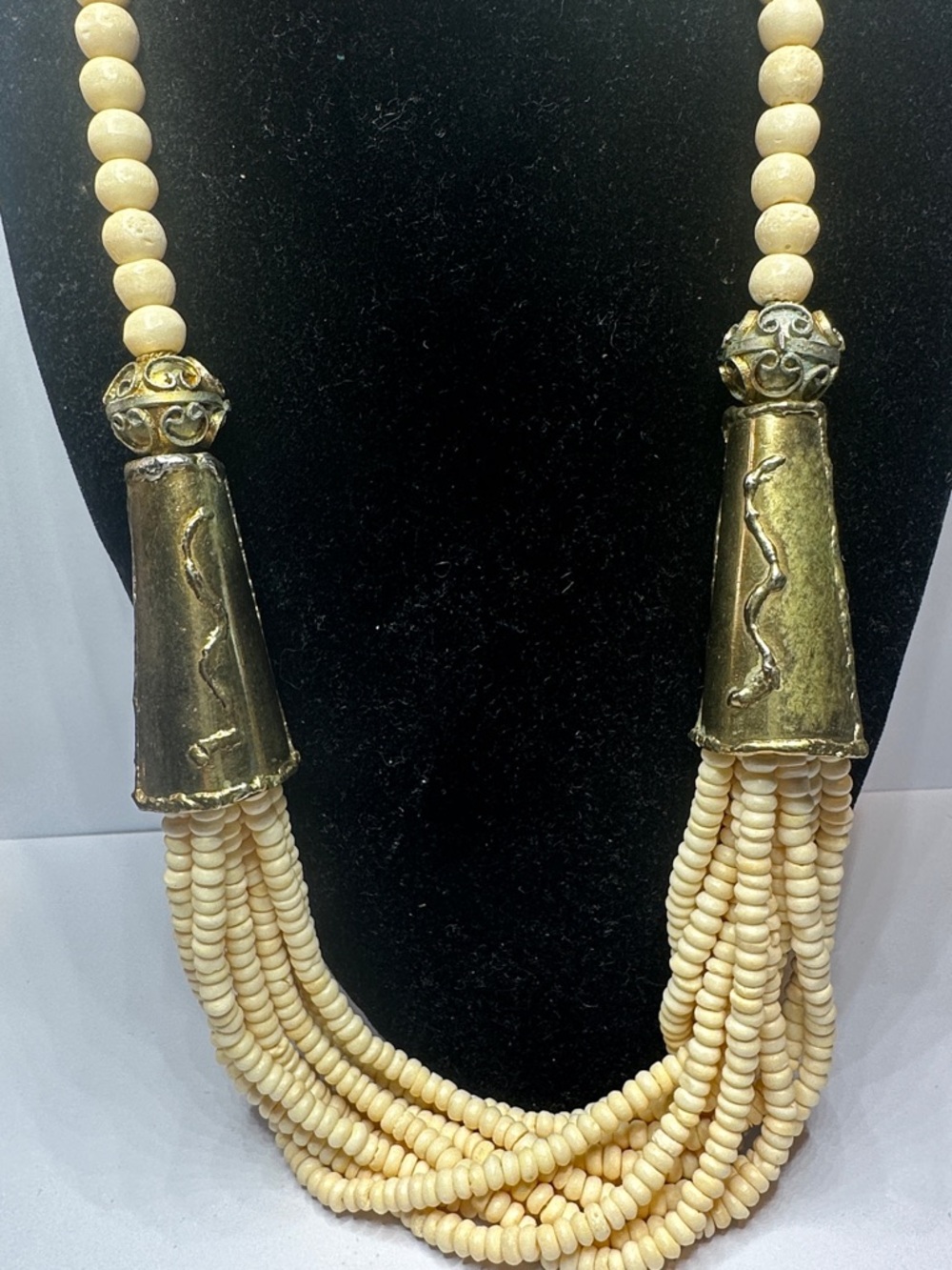 Bovine Bone Brass Brutalist Multi-Strand Necklace with Hook Closure